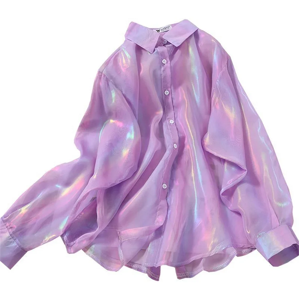 Top da donna allentati arcobaleno camicie colori camicetta sottile lucida moda coreana manica lunga estate spiaggia top da donna carini estate casual