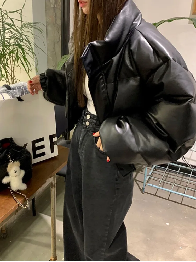 Chic Winter Vintage Stehkragen Bla Matte PU Leder Brot Mantel Lose Warme ort Baumwolle Jaet frauen Faion Oberbekleidung