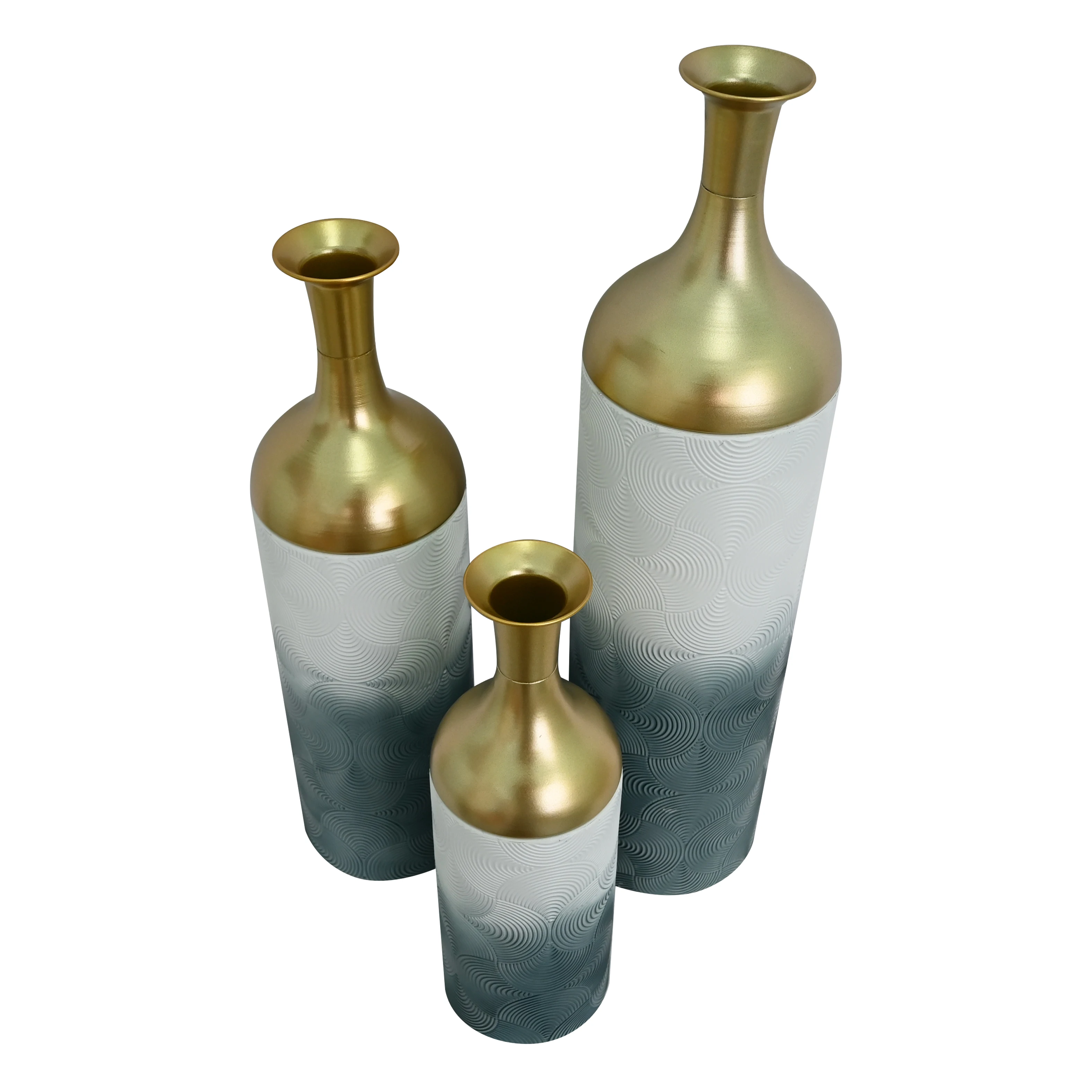 Modern White Metal Floor Vases Set of 3, Tall Gold Leaf Glazed Cylindrical Vase for Entryway Living Room Home Decor