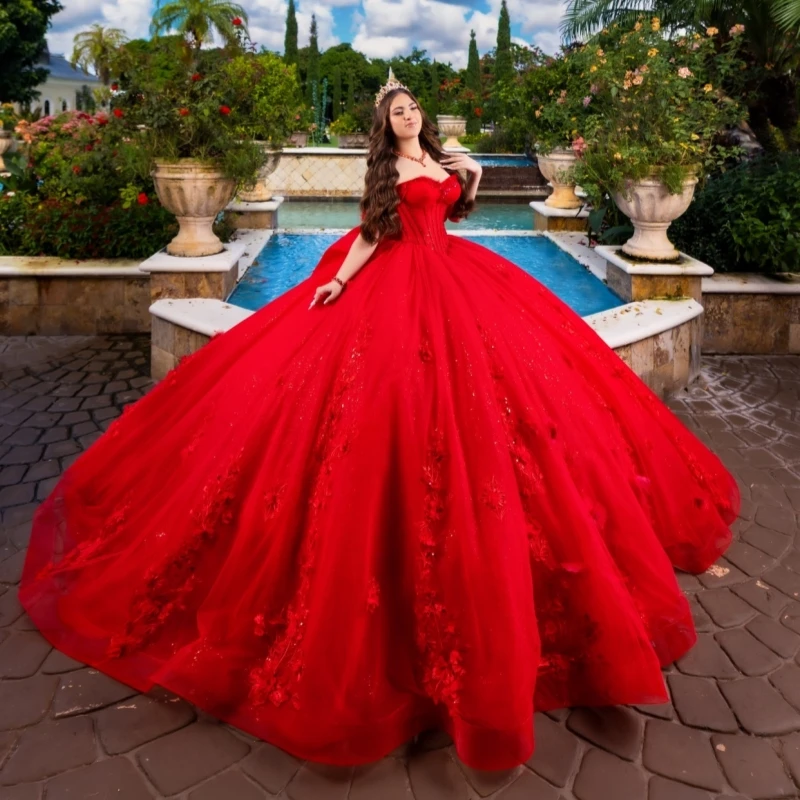 

Red Shiny Quinceanera Dresses Off The Shoulder Applique Lace Beads Bow Tull Corset Party Birthday Sweet 16 Dress Vestidos 15 De