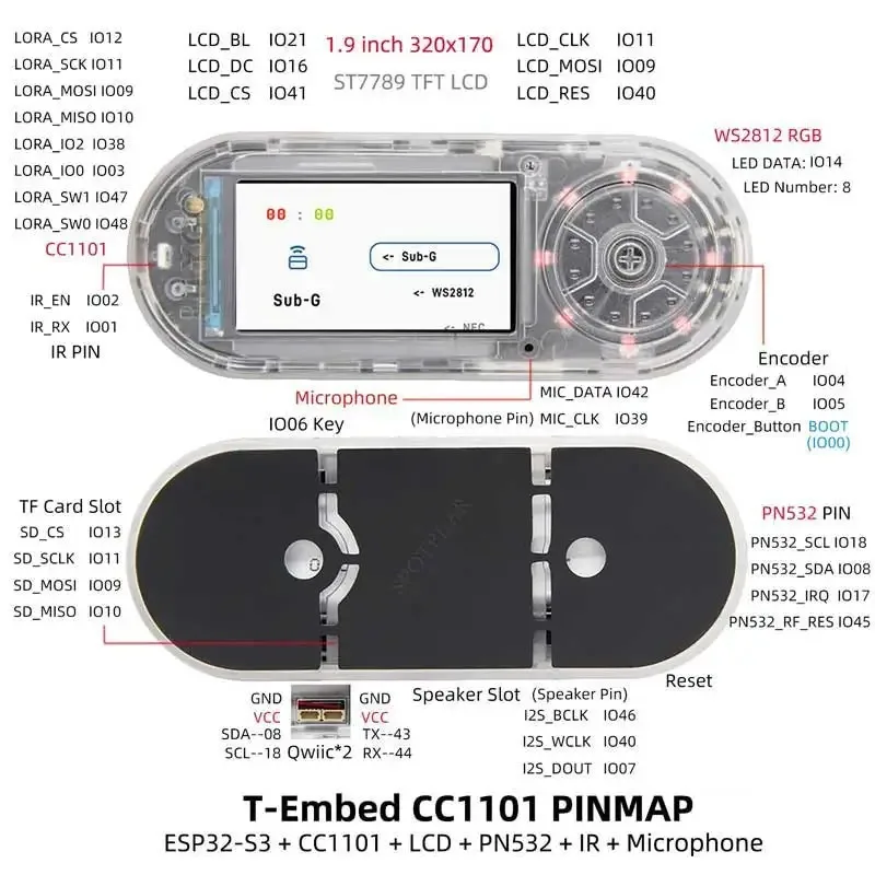 Untuk T-Embed ESP32-S3 CC1101 Transceiver RF Sub-1 GHz Daya Rendah PN532 NFC RFID Papan LCD 1.9 inci Untuk LILYGO
