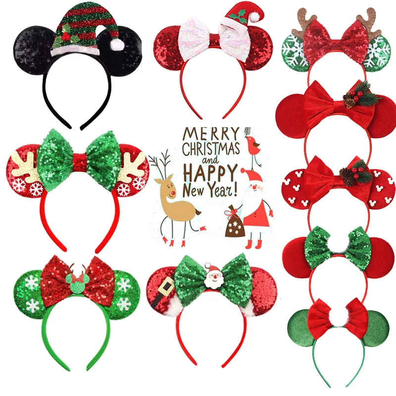 

Merry Christmas Disney Sequin/Velvet Bow Mouse Ear Hairband Christmas Day Headband Women Girls Festival Kids Cosplay Accessories