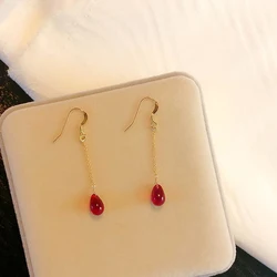 New silver inlaid drop-shaped ruby long pendant earrings for women simple charm romantic wedding engagement jewelry gift