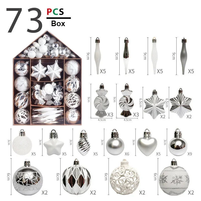 73pcs Christmas Ball Decoration Plastic Silver White Baubles Christmas Tree Hanging Ornament Pendent for Home Xmas Noel Navidad