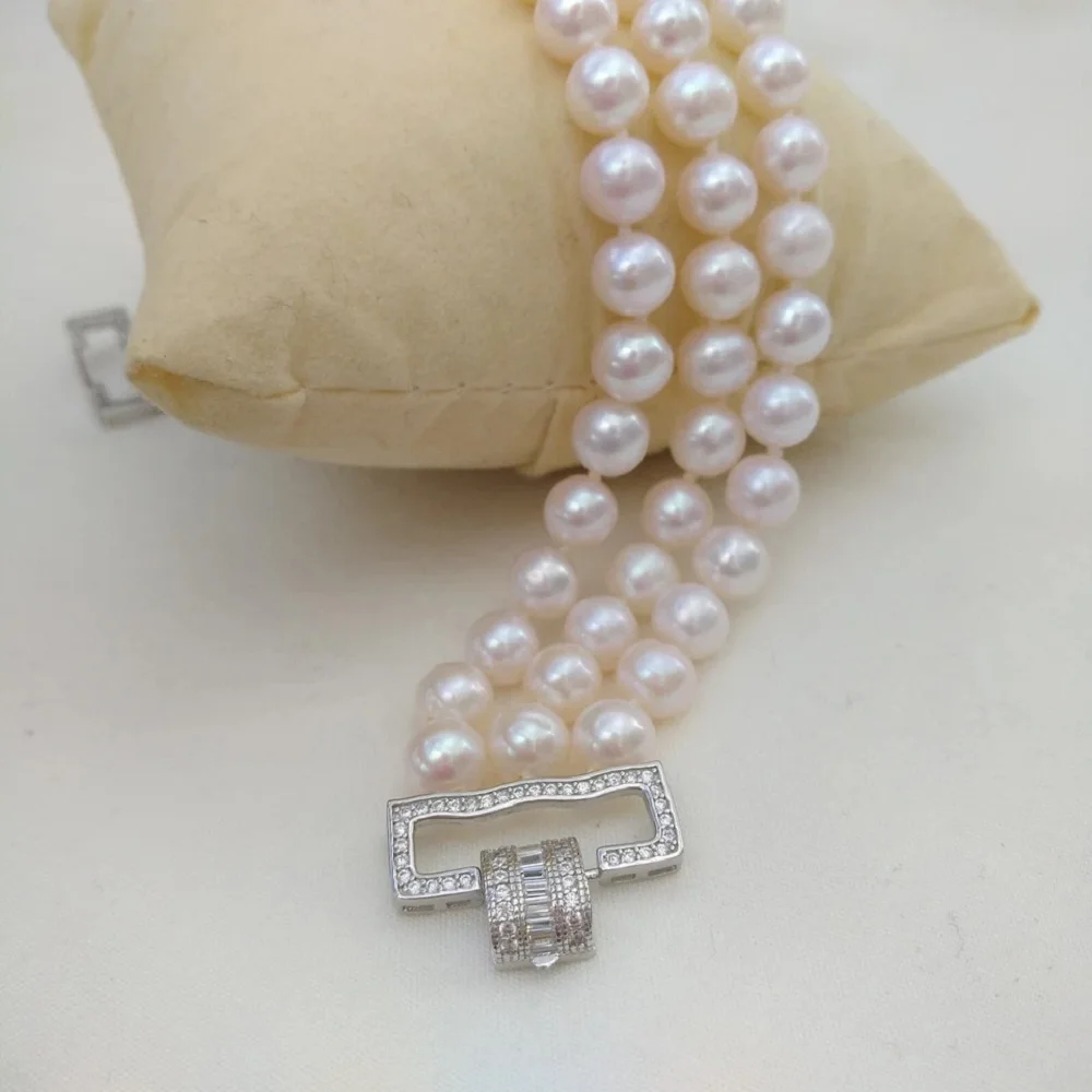 3/Row - Elegant AAA+6-7 mm Natural Akoya White Round Pearl Bracelet 7.5-8 Inches Rare 925s Button