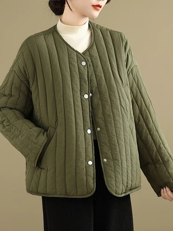 

Retro round Ne Flannel Long Sve Cotton Jaet Women Winter Loose Slimming Faionable Youthful Single Button Cotton or...