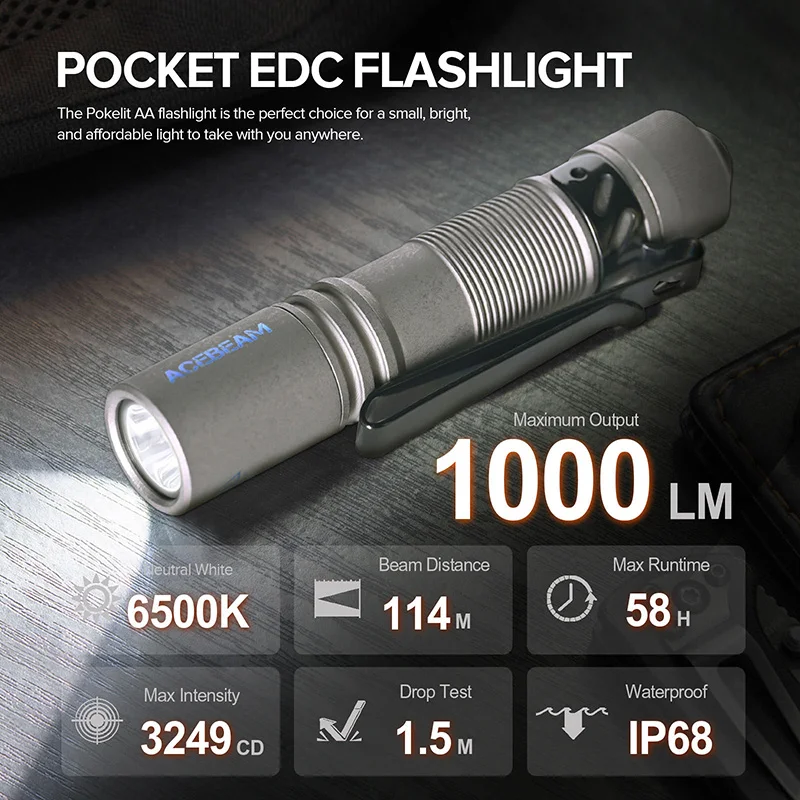 ACEBEAM Pokelit AA titanium EDC flashlight 1000 lumens 114 meters 14500 rechargeable battery flashlight compact size daily EDC