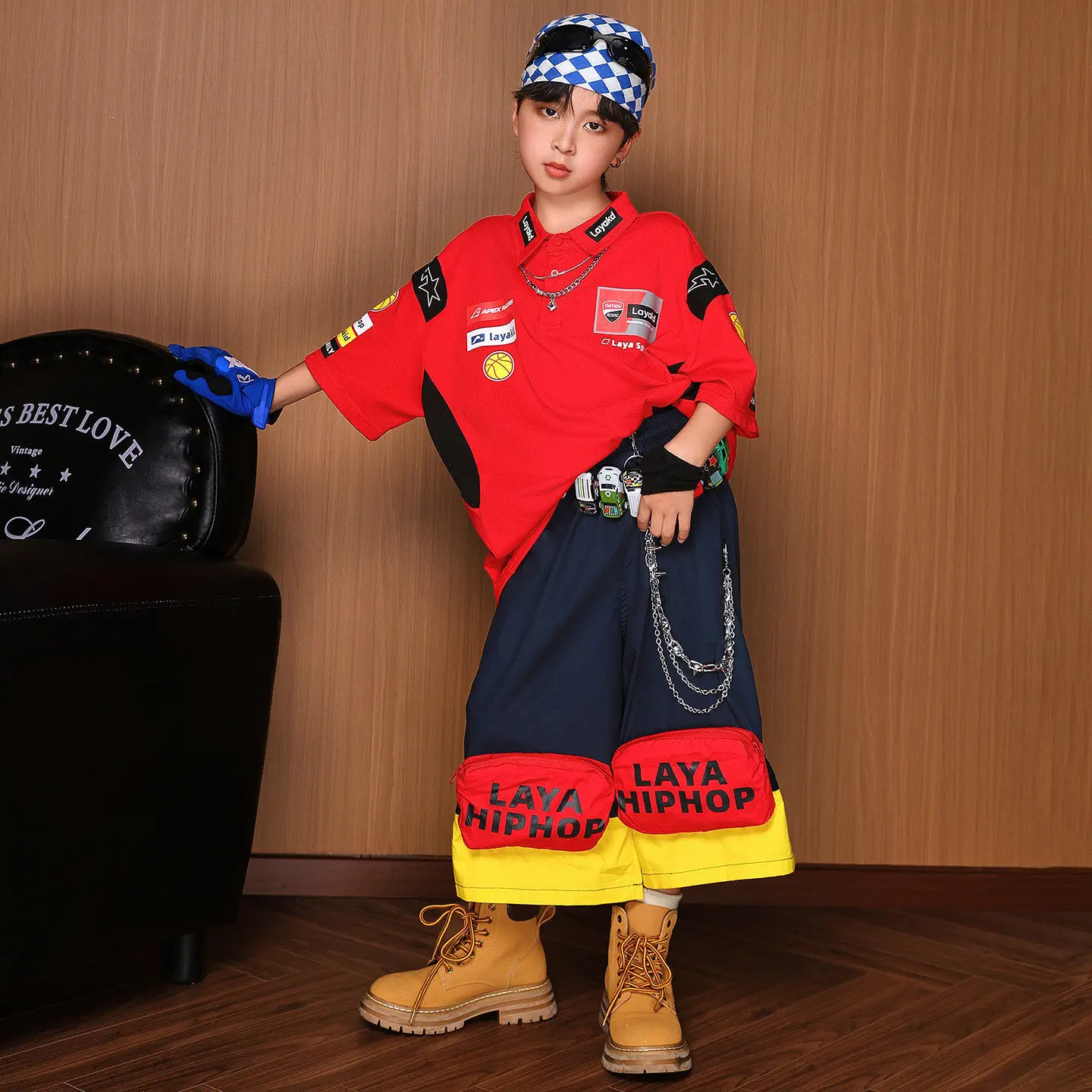 Kid Kpop Hip Hop Clothing Red Graphic Biker Polo T Shirt Navy Zip Pockets Baggy Shorts for Girl Boy Street Dance Costume Clothes