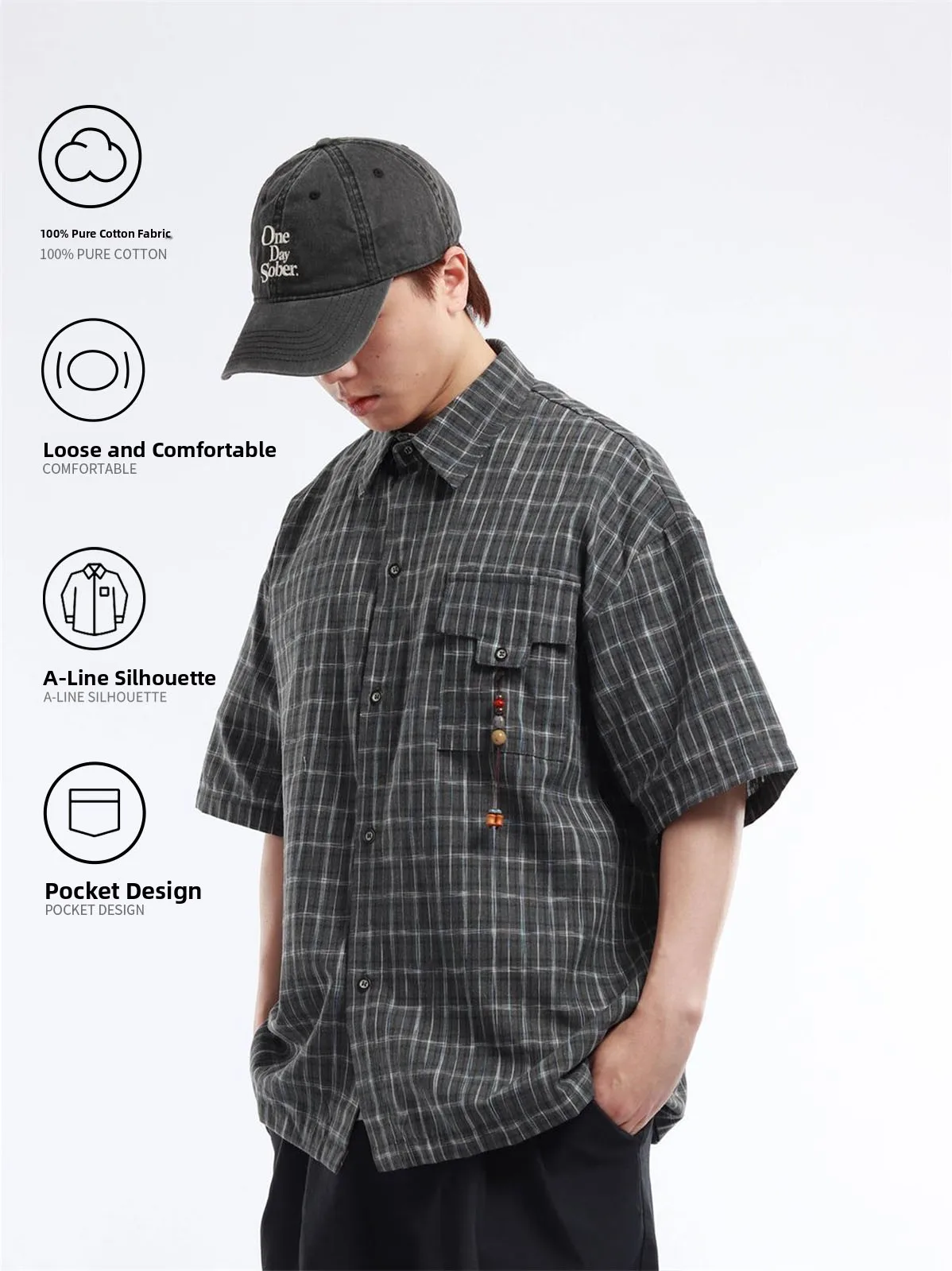 Retro Japanese Style Men's Checkered Work Shirt Short Sleeve Half Sleeve Decorative Pocket Pendant Casual Loose Fit Polyester...