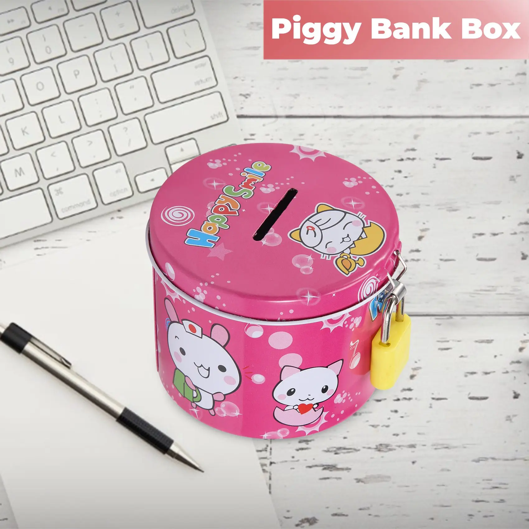 Cylinder Design Cartoon Print Piggy Bank Coin Money Saving Box w Padlock