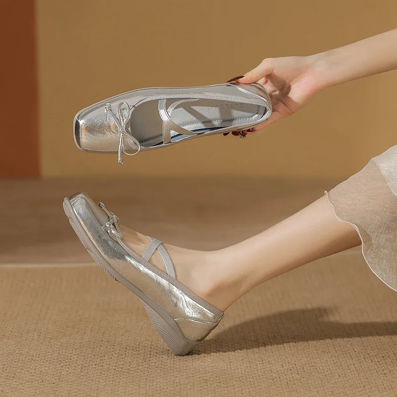 2025年女性用シューズ-浅履きオールマッチバレエフラット-カジュアルスニーカー-スクエアトゥ-新作ドレスバレリーナサマーソリ