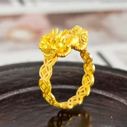 18k Pure Gold Color Rings for Women Men Lucky Pixiu Adjustable Fingle Rings Engagement Wedding Yellow Gold Ring Fine Jewelry