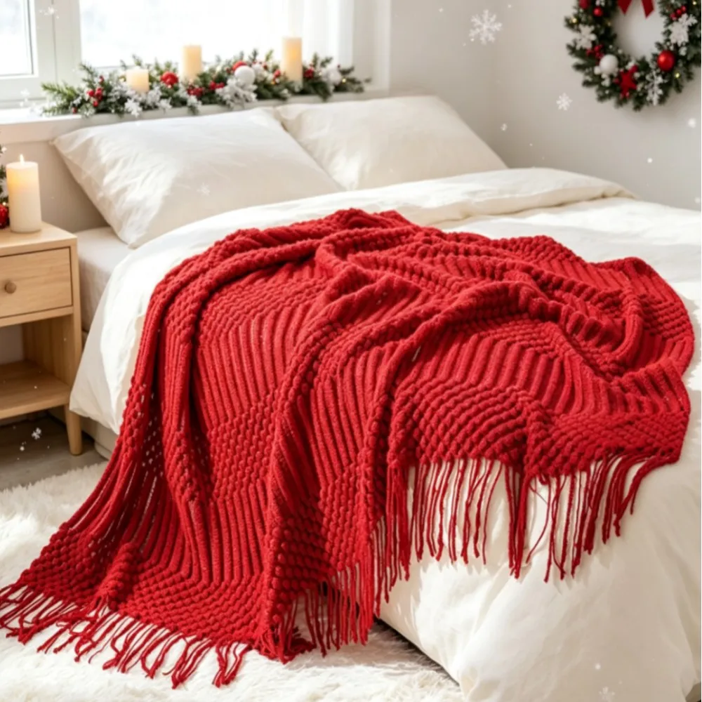 Christmas Red Nordic Knitted Throw Blanket Aesthetic Soft Sofa Travel TV Nap Blanket with Tassles Warm Bed Plaid Tapestry Gift