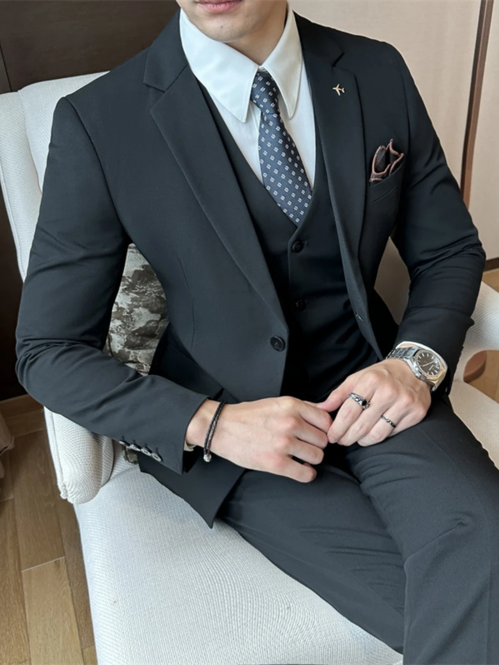 Solid Men's Slim Fit Suits Formal Business Set Autumn Notched Lapel Suit Jacket Man Wedding Groom Sets Chic Full Sleeve Tuxedo