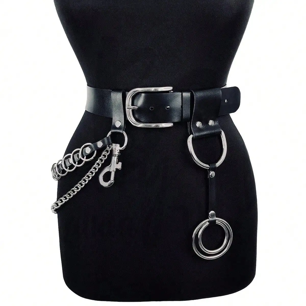 Cinturones de Cuero Negro Estilo Punk para Mujer, con Hebilla y Cadena, Diseño Elegante con Anillo Plateado, Cinturones Resistentes de Alta Calidad