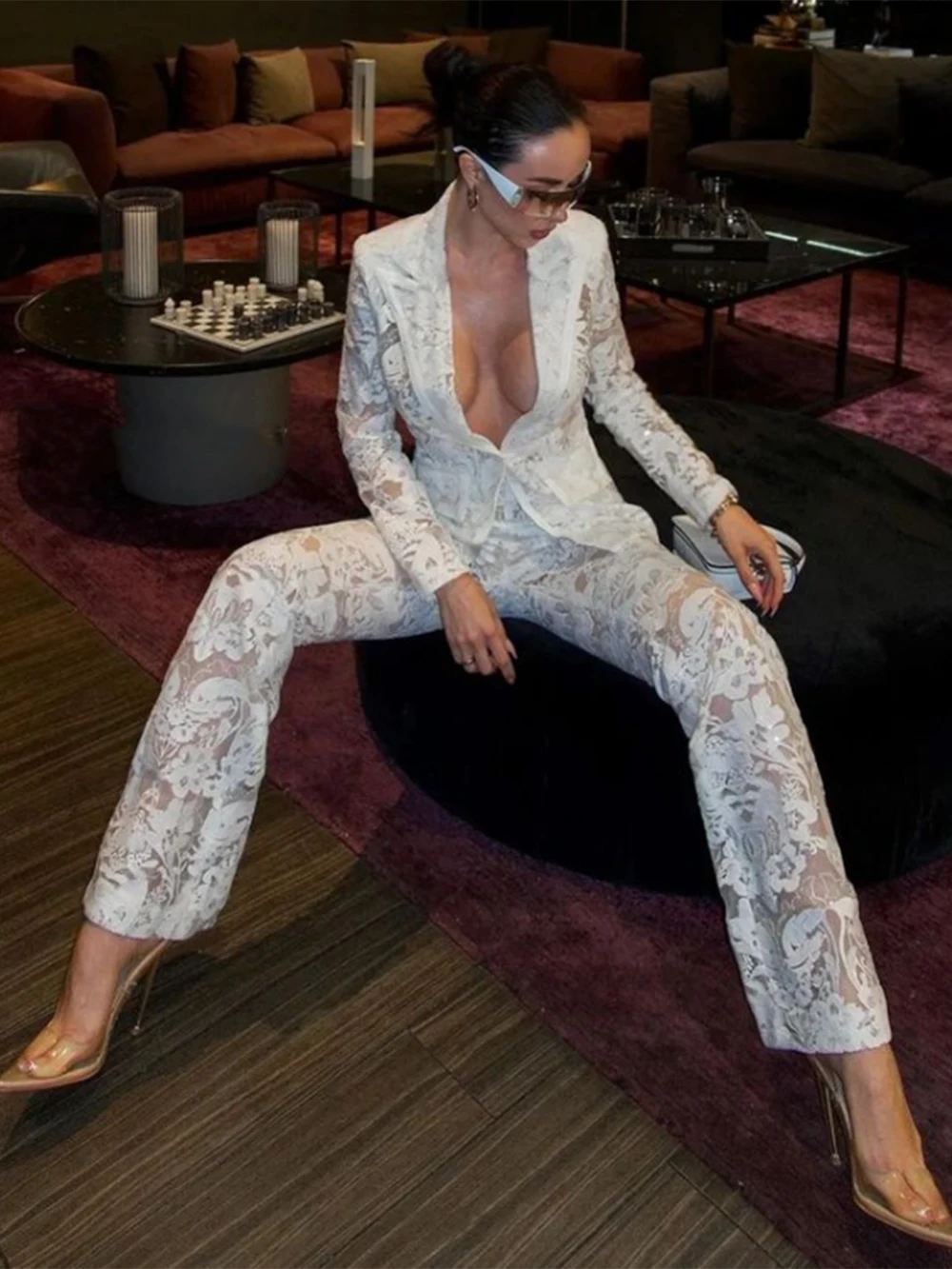 High Quality White Sequin Embroidery Lace Sexy Perspective Women\'S Suit Set Blazer+Pants Two Piece Set