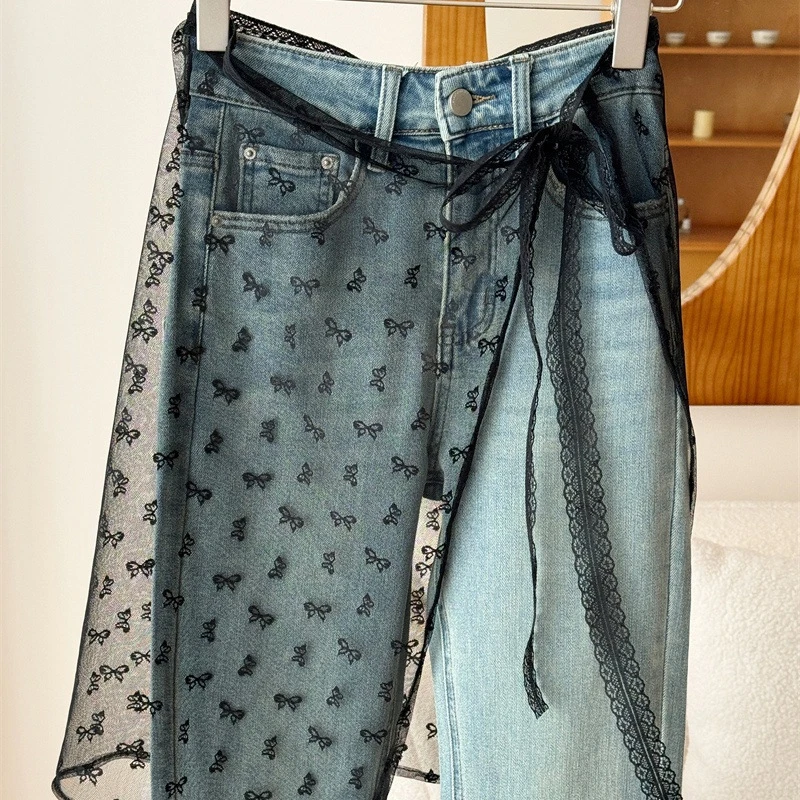 Spring Summer Lace-up Lace Side Half-body Skirt Short Fart Curtain Apron Girls Sweet Jeans Casual Pants Accessories Skirt