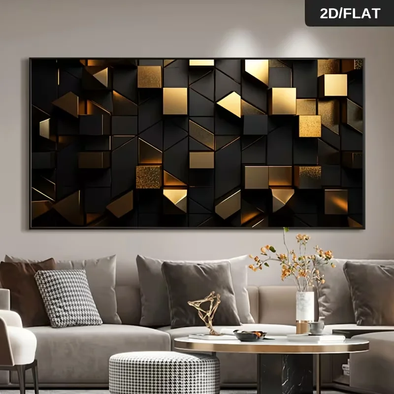1pc frameless Canvas Painting Large Modern Abstract Black Golden Cube Wall Art - Frameless Black & Golden Geometric 2D Flat Pane