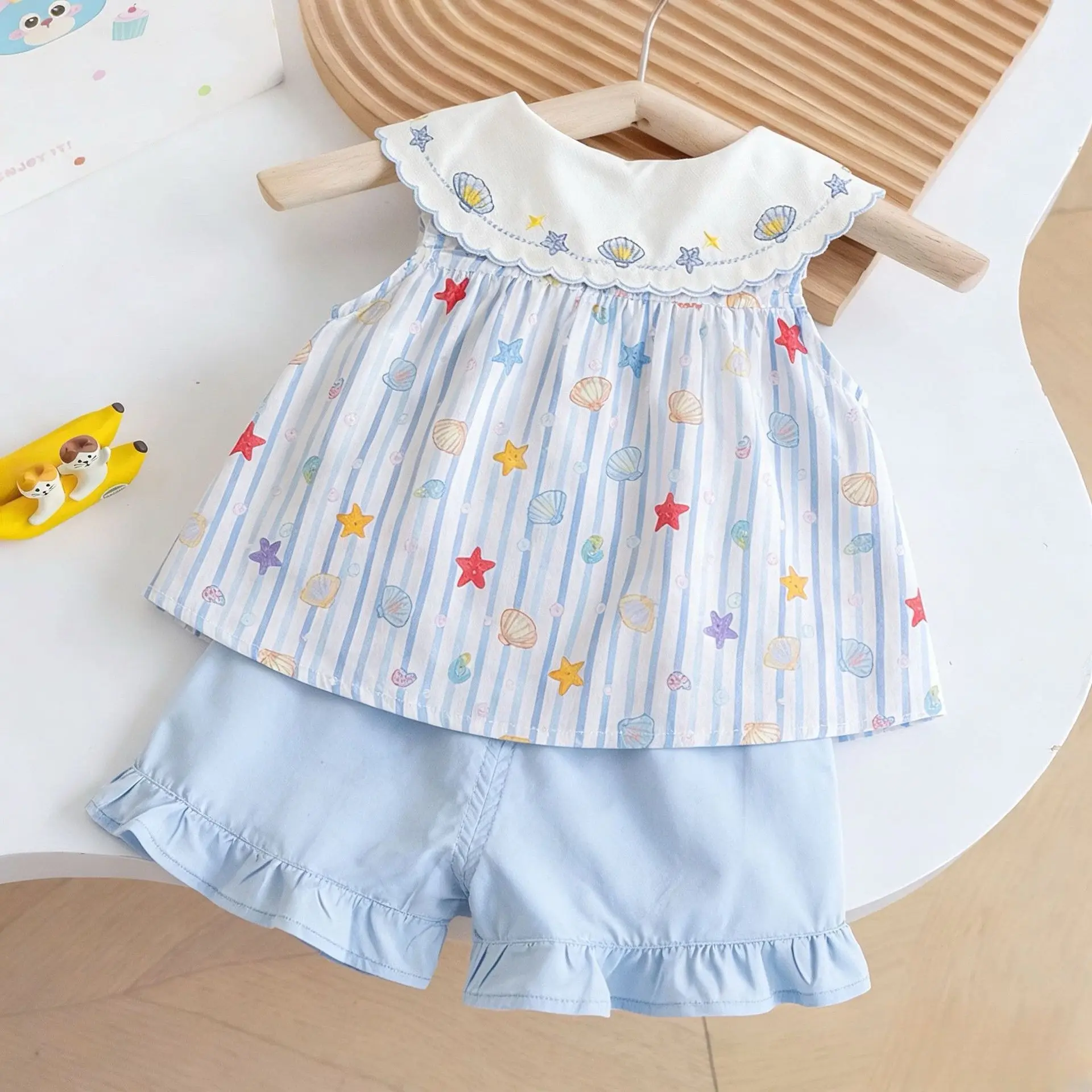 Summer Flower Print Kids  Sets And Outfits Cute Embroidery Peter Pan Collar StripeGirls Clothing