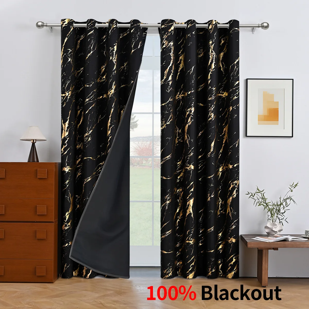 2 Pcs/set Gold Silver Hot Stamp Jacquard Blackout Curtain Sunproof Polyester Taffeta for Living Room & Bedroom Thermal Insulated