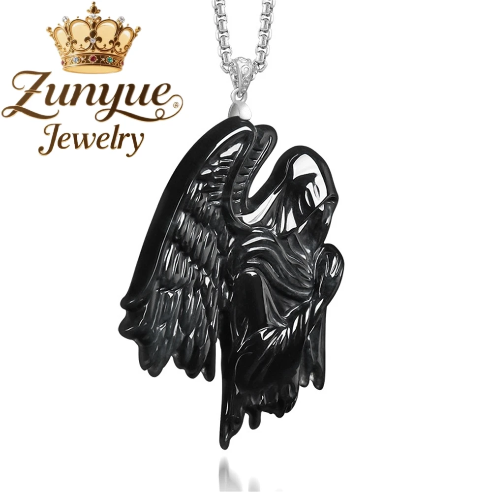 

S925 Silver Setting Natural Myanmar A-Grade Black Jadeite "Night Angel" Pendant High-End Fashion Luxury Quality Jewelry Charms