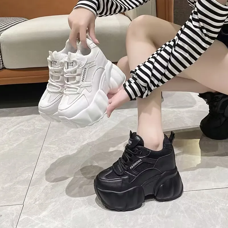 

Women Walking Sneakers Autumn Lace-up High Platform Chunky Shoes Breathable Leather Shoes 11CM Winter Wedge Heels Casual Shoes