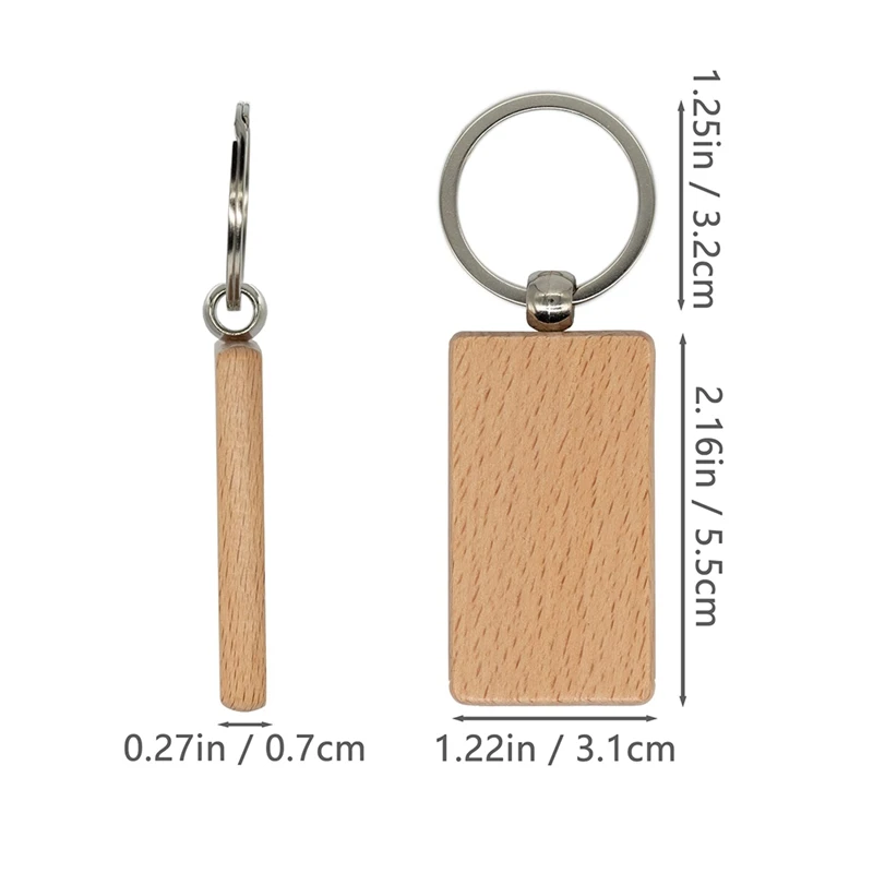 Porte-clés en bois vierge non fini pour bricolage, porte-clés rond et rectangulaire, 100 pièces