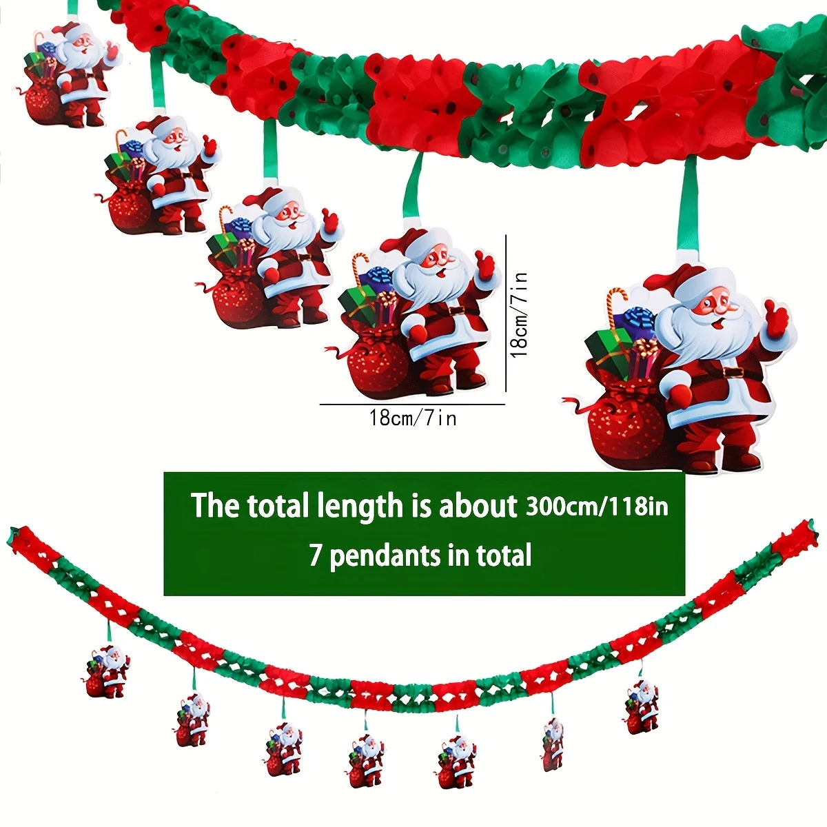1pc 3M Christmas Santa Paper Garland Banner Red Green Honeycomb Pull Flag Home Window Party Hanging Decor Supplies Ornament