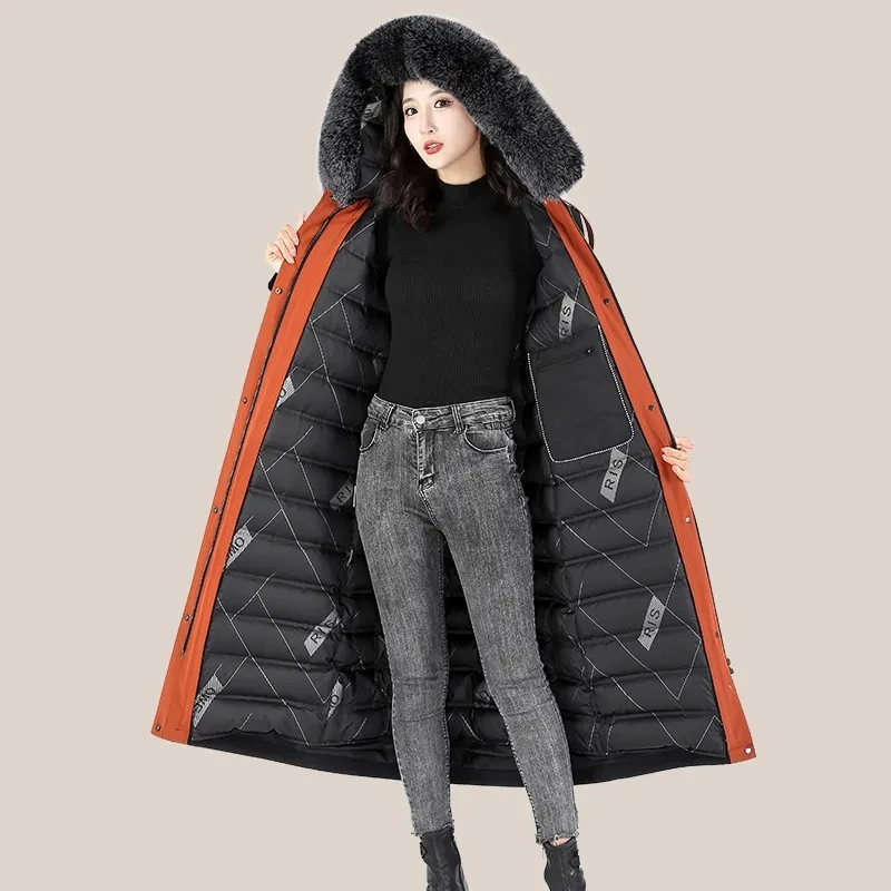 Detachable  White Goose Down Lining Knee-length Long Temperament To Overcome Coat Fox Fur Collar Fashion Down  Warm Coat