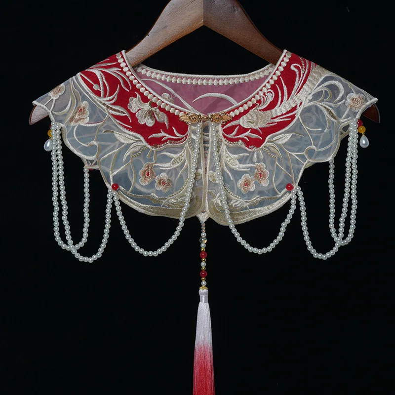 

Women's Pearl Beaded Flower Embroidery Vintage Tassel Pashmina Female Winter Shawl Cloak Collar R2699