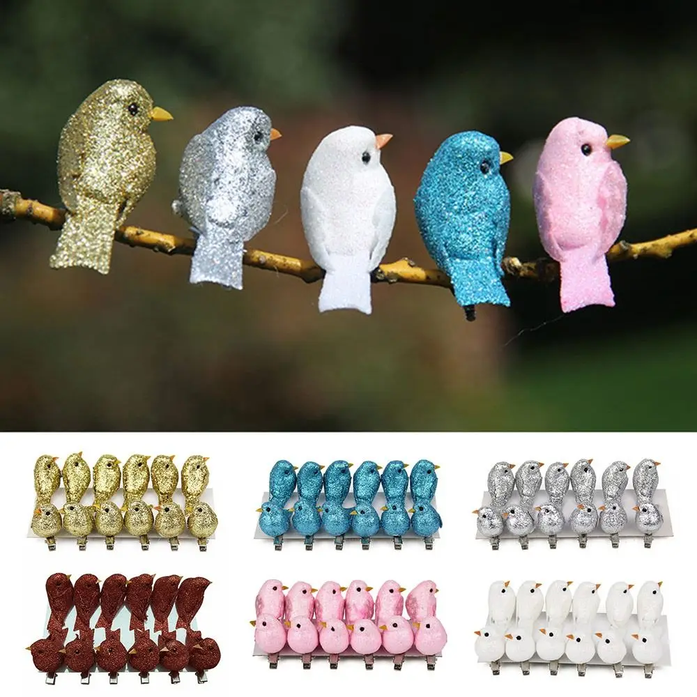 12PCS Multicolor Artificial Birds Gold Powder with Clips Simulation Bird Model DIY Accessories Handicraft Artificial Bird