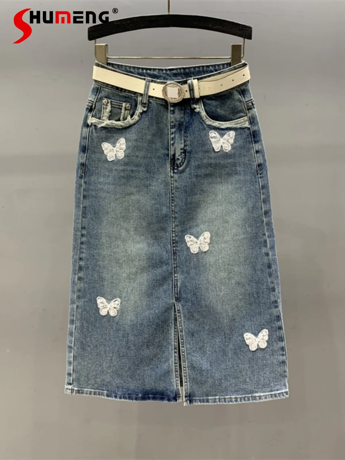 2024 Women's Summer Fashionable All-Match Denim Skirt Butterfly Embroidered High Waist A- Line Slimming Sheath Denim Skirts