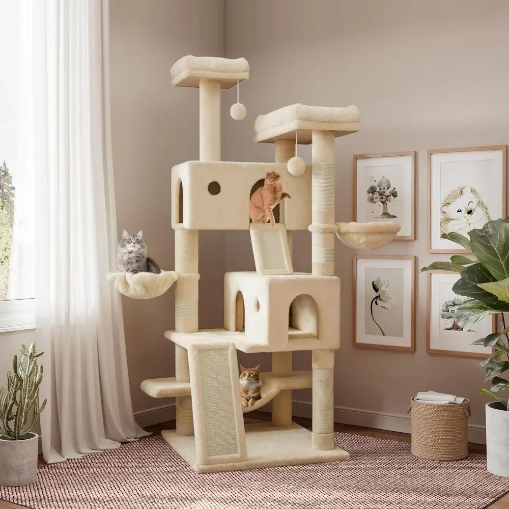 Apartament Cat Tree Tower dla kociąt domowych, z szeroką podstawą, wygodnym pluszowym grzędem dla kota, drapakiem i hamakiem