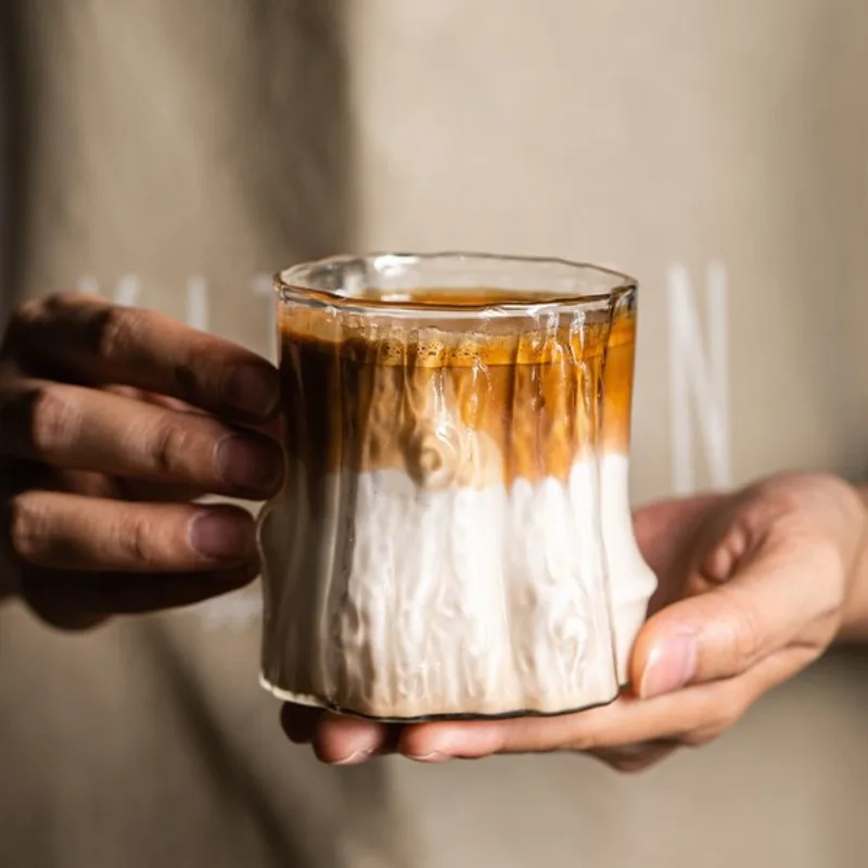 Iced American Coffee Cup, Borosilicate Glass Transparent Heat-Resistant Single-Layer Cup, Milk Coffee Cup Bark Pattern Glass