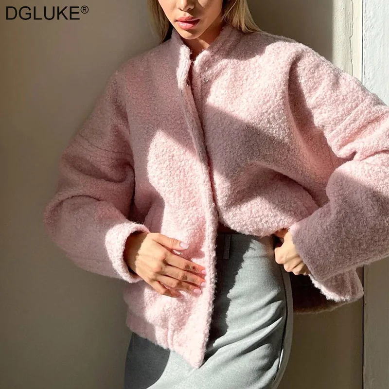 DGLUKE Pink Wool Bomber Jacket Womens 2024 New In Outerwear O-Neck Button-down Overszied Jacket Autumn Winter Coat