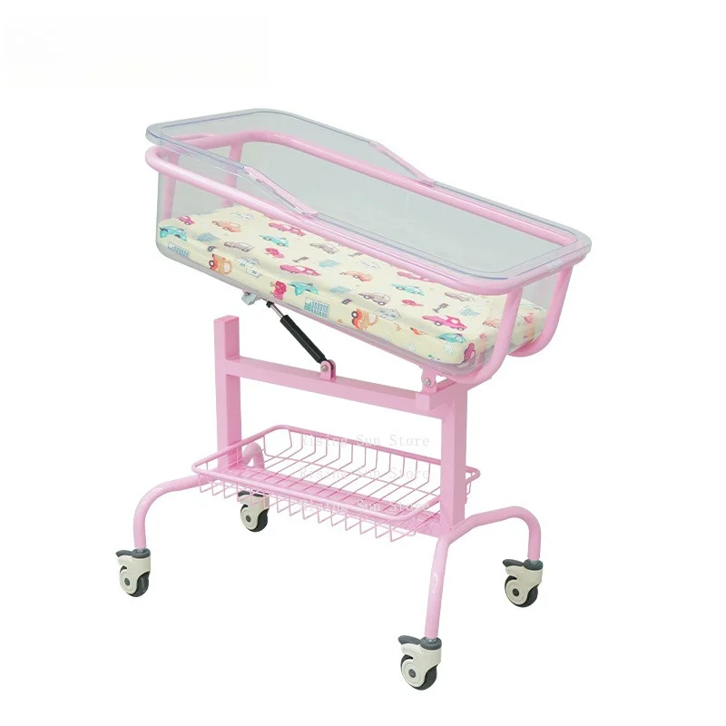 Adjustable manual baby bassinet with mattress, medical-grade newborn crib with wheels, tilt function, and storage basket