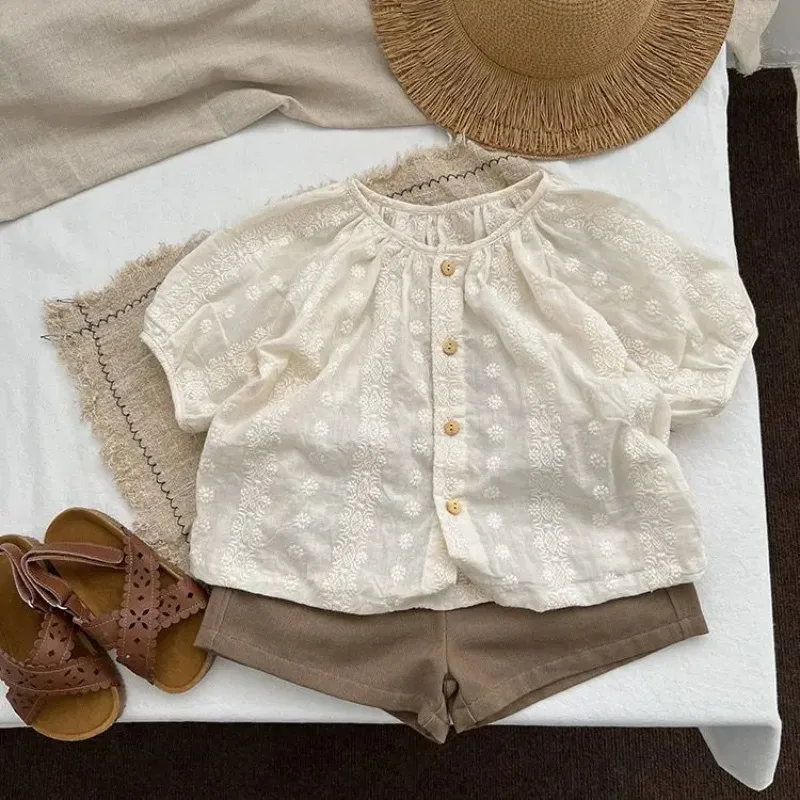 Girls Summer Short Sleeve Shirt New Kids Cute Baby Girl Crew Neck Embroidery Unique Nature Doll Blouse Y2K Korean Baby Tees