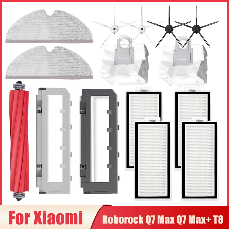 Accesorios para Xiaomi Roborock Q7 Max Q7 Max + T8 Robot aspirador, cubierta de cepillo principal lateral, trapos, bolsa de polvo, piezas de filtro Hepa