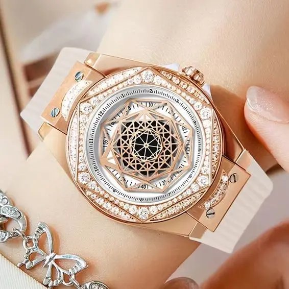 Hanbro Women Quartz Watch 36mm Ladies Wristwatch Luminous 50m Waterproof Silicone Strap