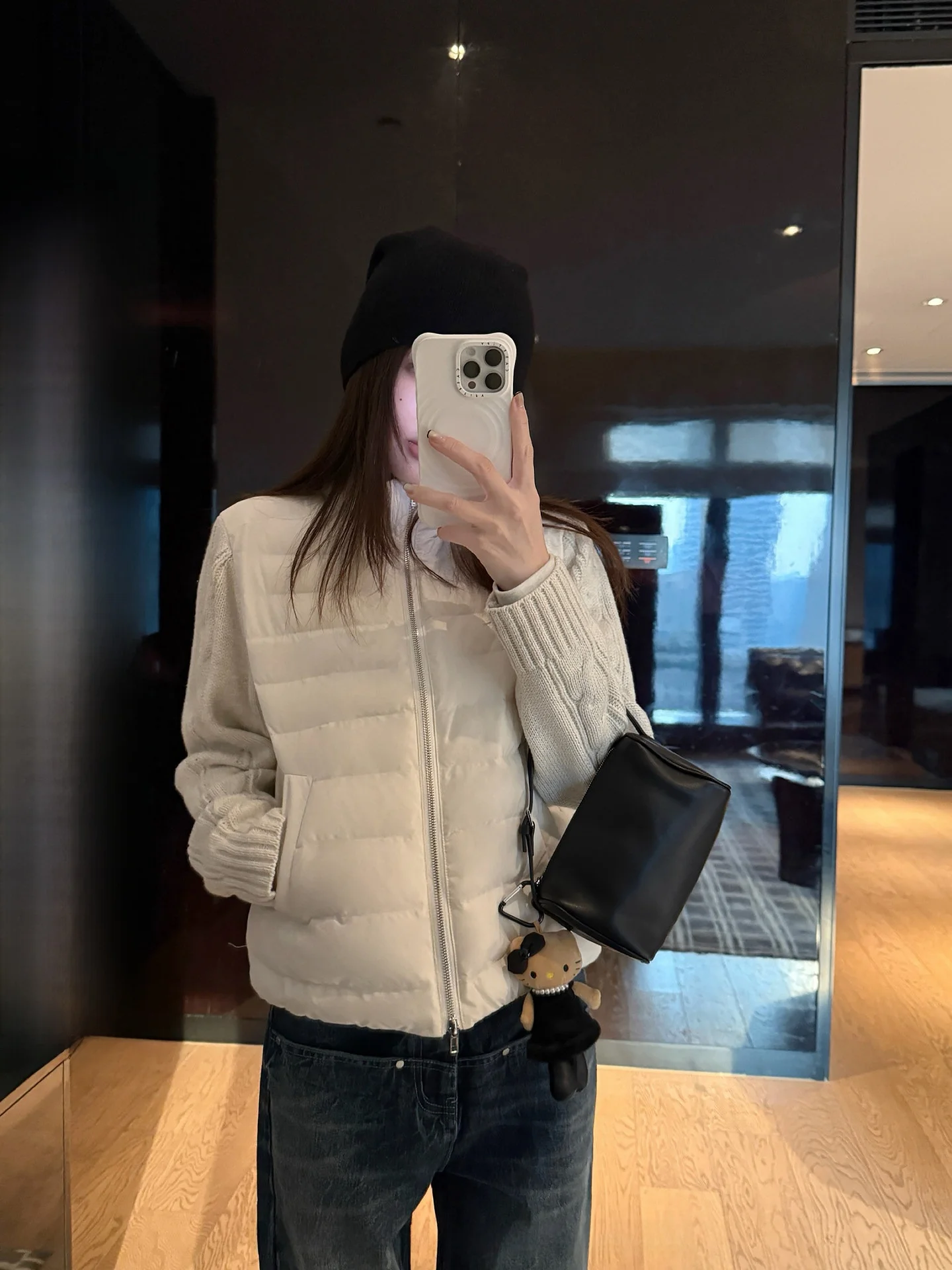 

NingSi Women's Zipper ort Knitted Jaet Patchwork Design Cotton Coat Warm Slimming Sle for Autumn And Winter White