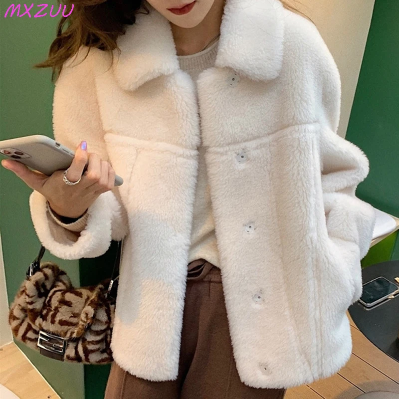 100% wolle Mantel 2024 Herbst Winter Frauen Solide Lamm Pelz Jacke Mujer Ein Pelz Dicke Warme Koreanische Schafschur Kurze manteau Femme