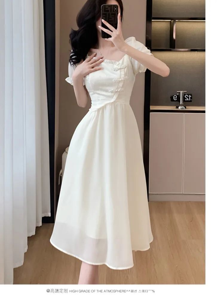 

Chinese Vintage Midi Dresses for Women 2024 Summer Solid Short Sleeve Slim Waist Chiffon Elegant Fashion Casual Female Clothing