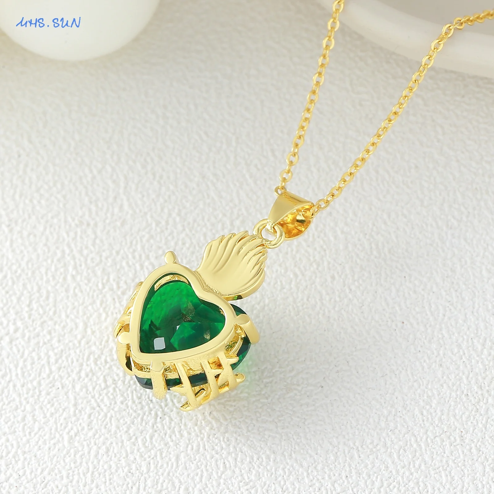 SUNSLL Fashion Gold Plated Green Sacred Heart Flame Thorn Cross Pendant Necklace Jewelry For Women For Daily And Party Wear