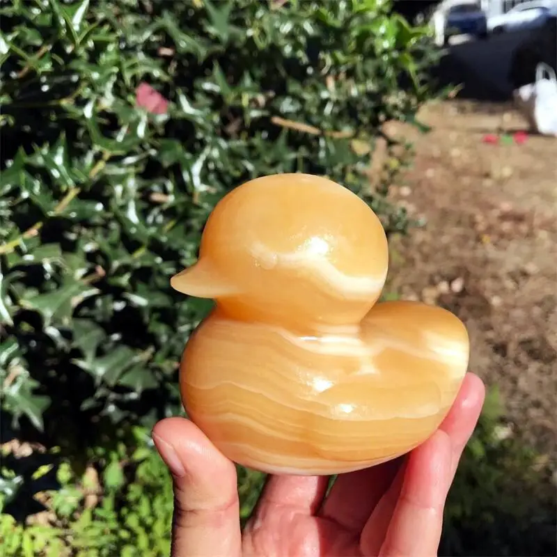 Natural Crystal Yellow Calcite Cute Duck Statue Carving Cartoon Animal Healing Crystal Holiday Crafts Gift  For Children