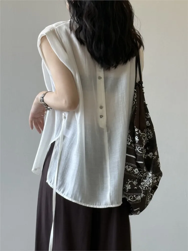 

Casual Loose Split Shirt Women Summer 2025 New Fashion Transparent Thin Back Button Up Doll Shirts Elegant Solid Office Chic Top
