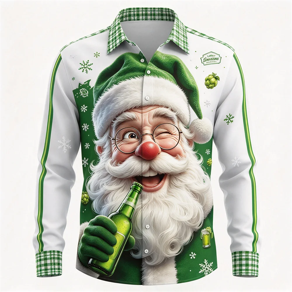 Men's Christmas Lapel Long Sleeve ShirtS 3D Santa Claus Print Plaid Splice Shirt Funny Holiday Party Wear Casual Button Up Tops