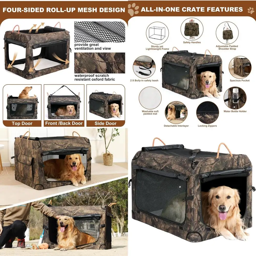 

Portable 27.5 Inch Collapsible Dog Crate, 4-Door Travel Carrier with Camouflage, Durable Mesh & Washable Mat, Suitable for Small