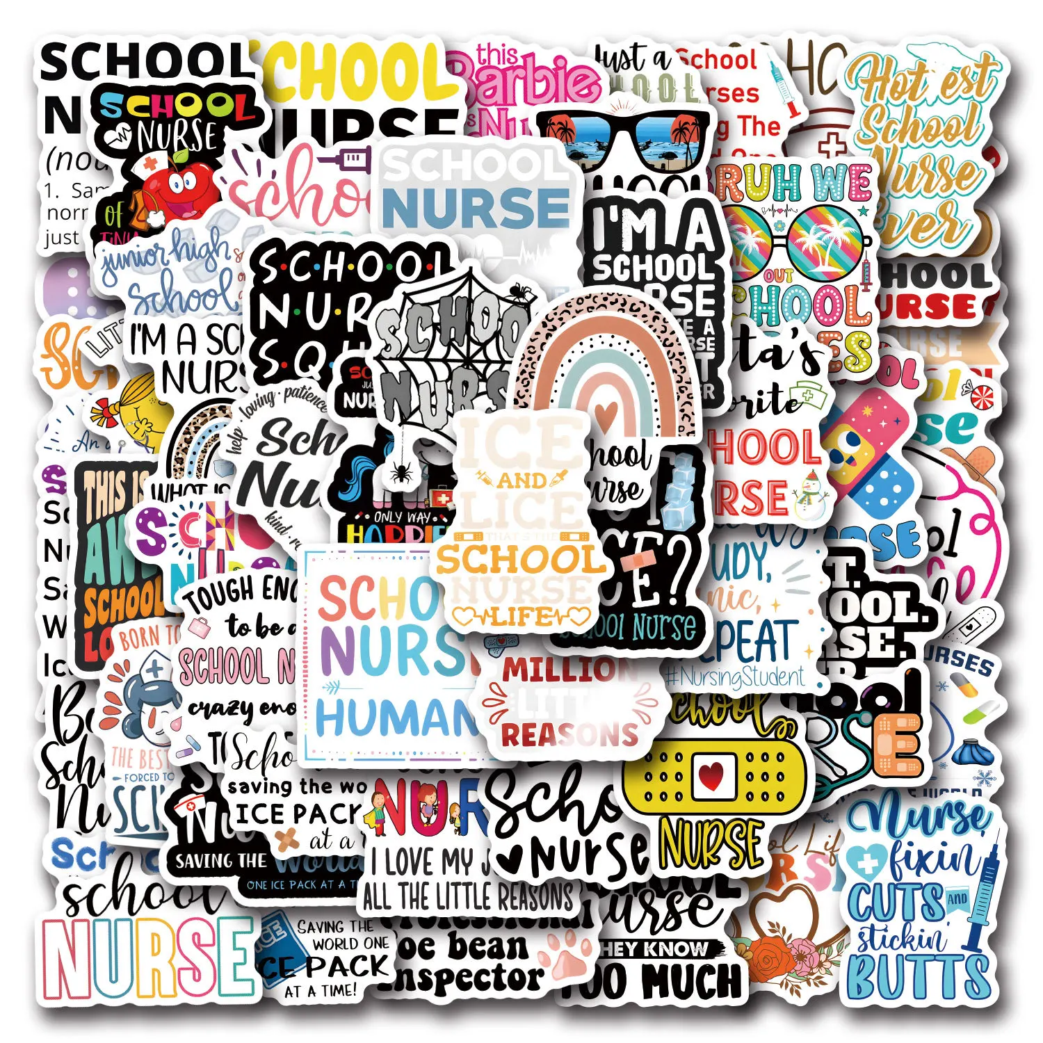 

10/55PCS School Nurse Occupation Graffiti Text Slogan DIY Decorative Mobile Case Skateboard Guitar Waterproof Sticker Kids Toy