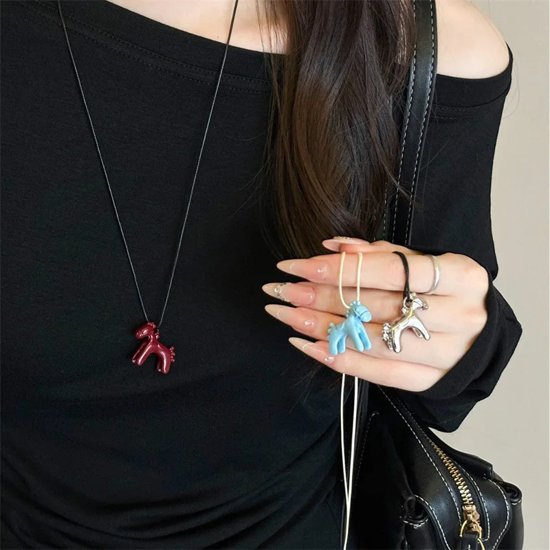 Cute Playful 3D Enamel Glazed Colorful Horse Pendant Necklace for Women Fashion Adjustable Long Sweater Chain Neck Chain Jewelry