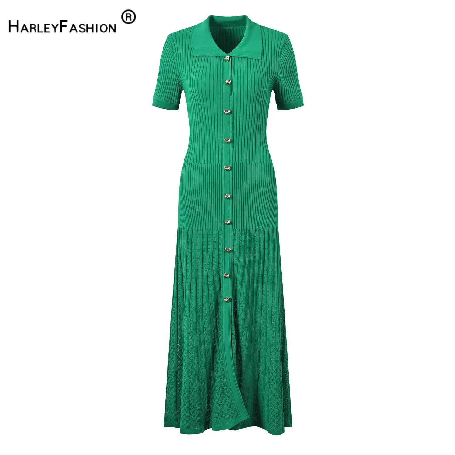 2024 Spring Summer French Style Women Knitted Short Sleeve Single-breasted Polo Neck Ladies Fashion Maxi Solid Dresses